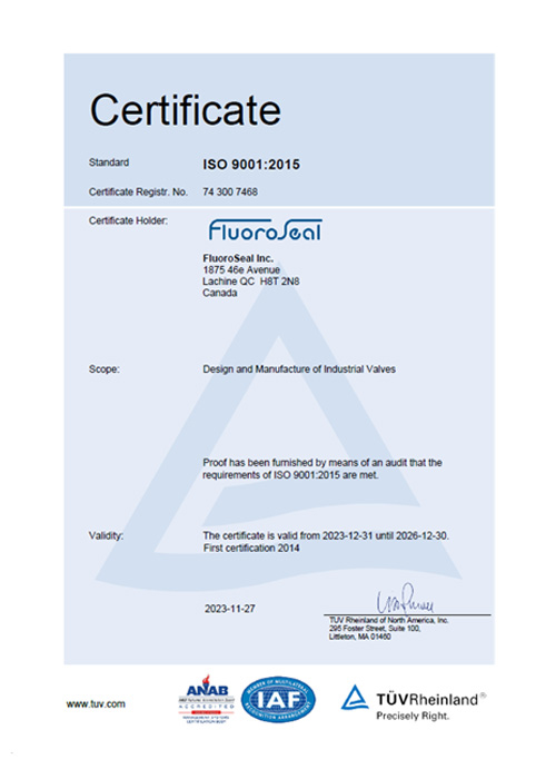 ISO 9001 2015 certificate FluoroSeal 2026